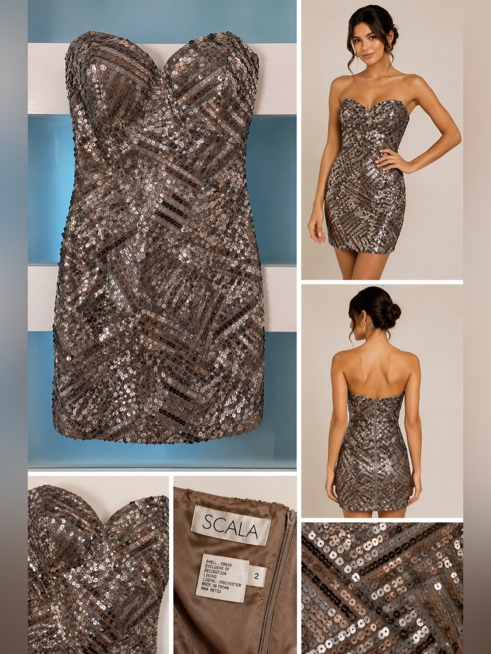 Scala Strapless Sequin Mini Dress in Silver & Bronze - Size 2